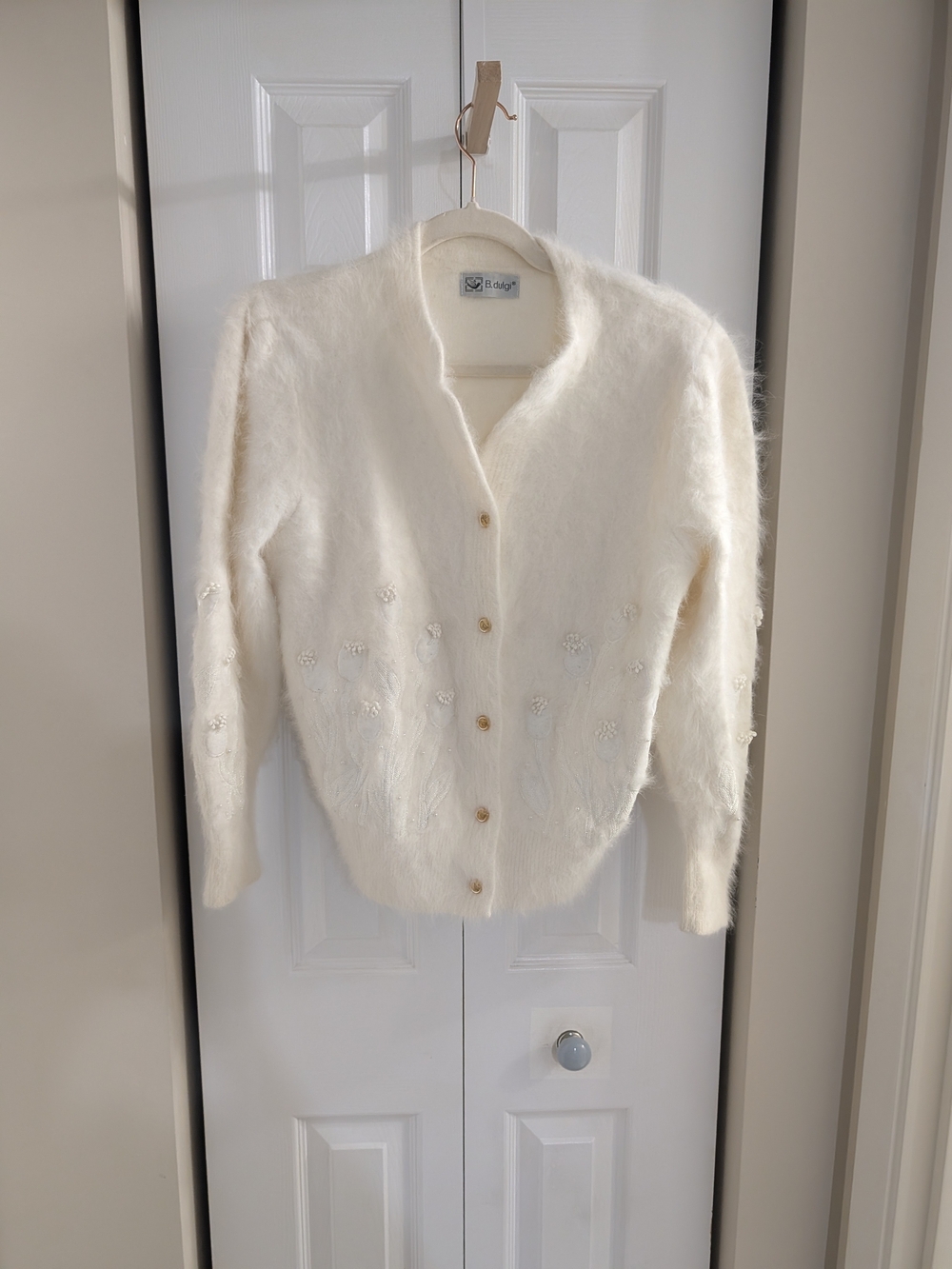 Vintage Cream Angora Floral Embellished Cardigan